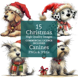 Clipart de chien de Noël mignon 15 PNGs/JPG, chiens de compagnie de Noël, dessins d'animaux amusants, art saisonnier des fêtes, usage commercial téléchargement numérique | AR0730-2