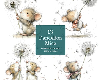 Dandelion Mouse Clipart, Watercolour Whimsical Mice Nursery Printable Art, 13 PNG & JPG, Digital Download, Commercial Use