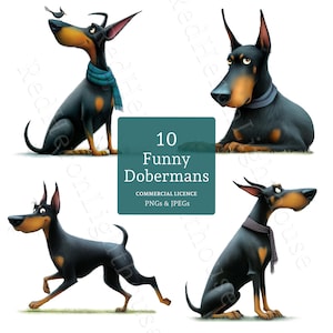 Può includere: Quattro Dobermann Pinscher dei cartoni animati in varie pose. I cani sono neri e marroni, con sciarpe. Un quadrato turchese al centro recita "10 Funny Dobermans" con "Commercial Licence" e "PNGs & JPEGs" sotto.