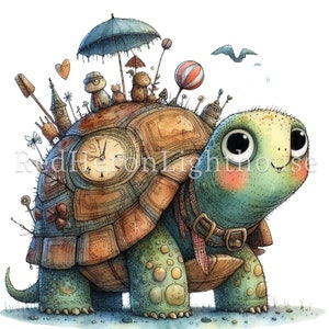 May include: A whimsical illustration of a green turtle with a clock on its shell. The turtle is carrying a variety of objects on its back, including a small house, a red heart, a bird, and a striped balloon. The turtle has a friendly expression and is looking to the right.