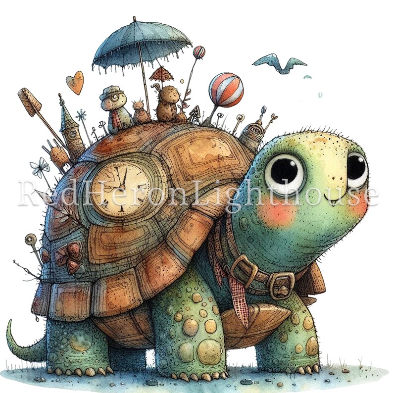 May include: A whimsical illustration of a green turtle with a clock on its shell. The turtle is carrying a variety of objects on its back, including a small house, a red heart, a bird, and a striped balloon. The turtle has a friendly expression and is looking to the right.