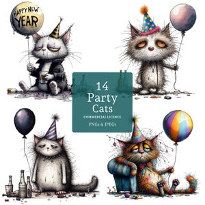 Clipart drôle de chat, 14 images PNG/JPG, fêtards comiques suspendus au-dessus de la tête, Images de bonne année, travaux manuels humoristiques de célébration, UTILISATION COMMERCIALE | AR1030