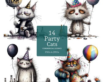 Clipart de gato gracioso, 14 PNG/JPG, gatos divertidos con resaca en una fiesta, imágenes de Feliz Año Nuevo, manualidades divertidas para celebrar, USO COMERCIAL / AR1030