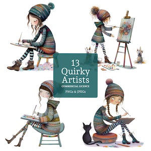 Clipart original de fille artiste, 13 fichiers PNG/JPG aquarelle de haute qualité, fabrication de cartes, créations papier/numérique, journalisation indésirable UTILISATION COMMERCIALE | BR0617