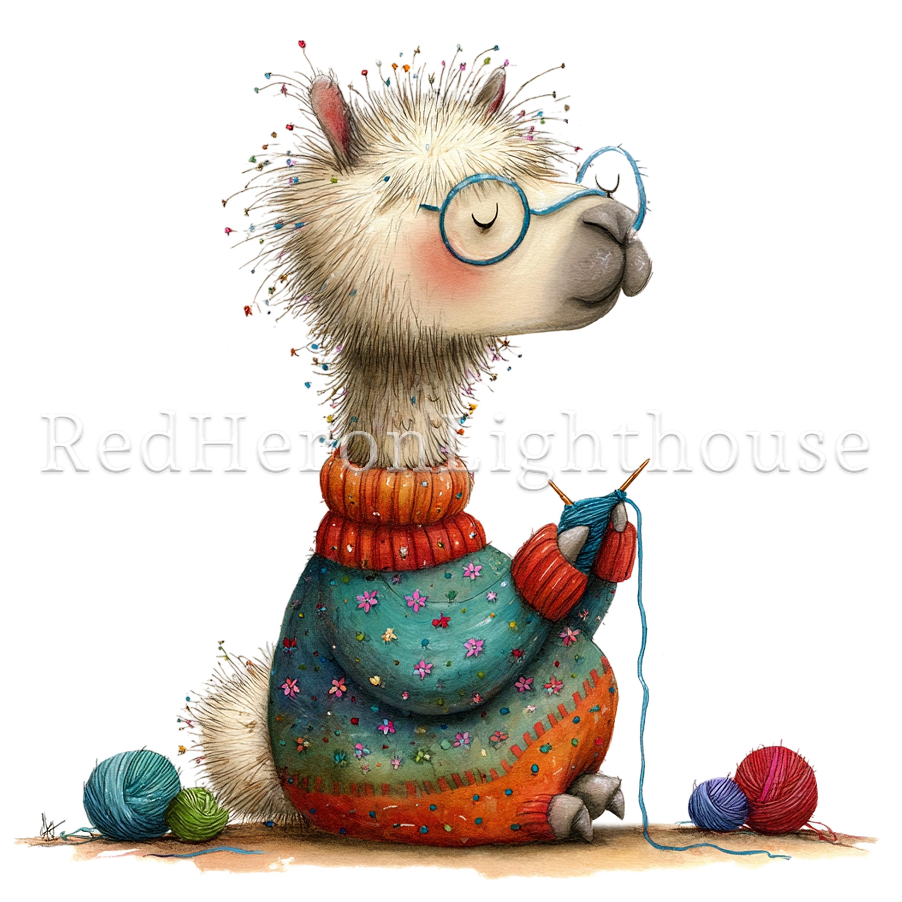 編み物アルパカのクリップアート、14種類の高品質PNG/JPG、水彩風の