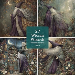 May include: A digital art collection showcasing four images of wizards in a magical forest. The wizards are depicted in purple robes and tall hats, with long white beards. The images include the text "27 Wiccan Wizards" and "Commercial Licence JPEGs".