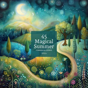 Magischer Sommer Clipart 45 Hochwertige JPGs, Verzauberte Wiesen, Landschaft mit Sonne und Mond, Fantasy Handwerk & Journaling KOMMERZIELLE NUTZUNG | AR1216