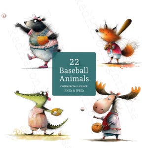 May include: Watercolor illustrations of baseball-playing animals, including a badger, fox, crocodile, and moose. Each animal is wearing a baseball uniform and holding a baseball or bat. The image includes the text "22 Baseball Animals".