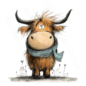 May include: A whimsical illustration of a Highland cow with a light blue scarf. The cow has large, curved black horns, a shaggy brown coat, and a light brown face. It stands in a field of sparse, dark purple flowers against a white background.
