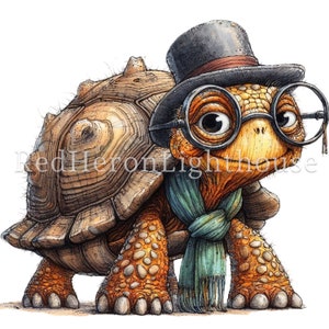 May include: A cartoon illustration of a tortoise wearing a top hat, round glasses, and a blue scarf. The tortoise has a brown shell with a textured pattern and orange legs and feet.