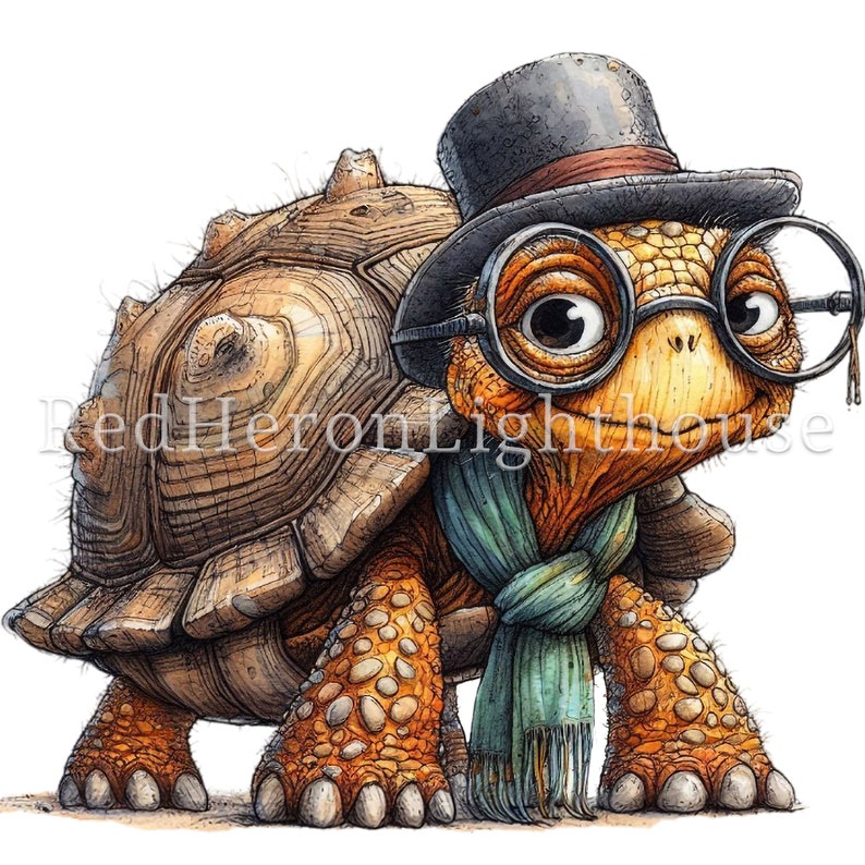 May include: A cartoon illustration of a tortoise wearing a top hat, round glasses, and a blue scarf. The tortoise has a brown shell with a textured pattern and orange legs and feet.