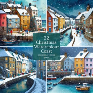 Clipart kerstkust, 22 hoogwaardige aquarel jpg's, winterhavenlandschap clipart voor feestelijke kaarten/ambachten, COMMERCIEEL GEBRUIK | BR0625-1