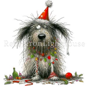 Pu&ograve; includere: Un'illustrazione stravagante di un cane irsuto con un cappello da festa rosso e una ghirlanda di luci natalizie. Il cane ha un'espressione leggermente perplessa, circondato da decorazioni festive, tra cui palline e un bastoncino di zucchero.