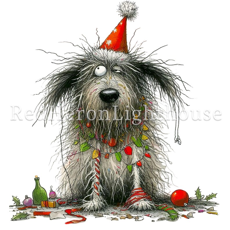 Pu&ograve; includere: Un'illustrazione stravagante di un cane irsuto con un cappello da festa rosso e una ghirlanda di luci natalizie. Il cane ha un'espressione leggermente perplessa, circondato da decorazioni festive, tra cui palline e un bastoncino di zucchero.
