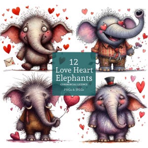 Clipart éléphant coeur d'amour, 12 PNG/JPG de haute qualité, éléphants originaux, art de la Saint-Valentin/anniversaire USAGE COMMERCIAL téléchargement numérique | AR0917-1