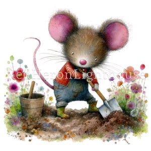 May include: A brown mouse with pink ears wearing a red and white striped shirt and blue overalls is digging in the dirt with a small shovel. The mouse is surrounded by colorful flowers.