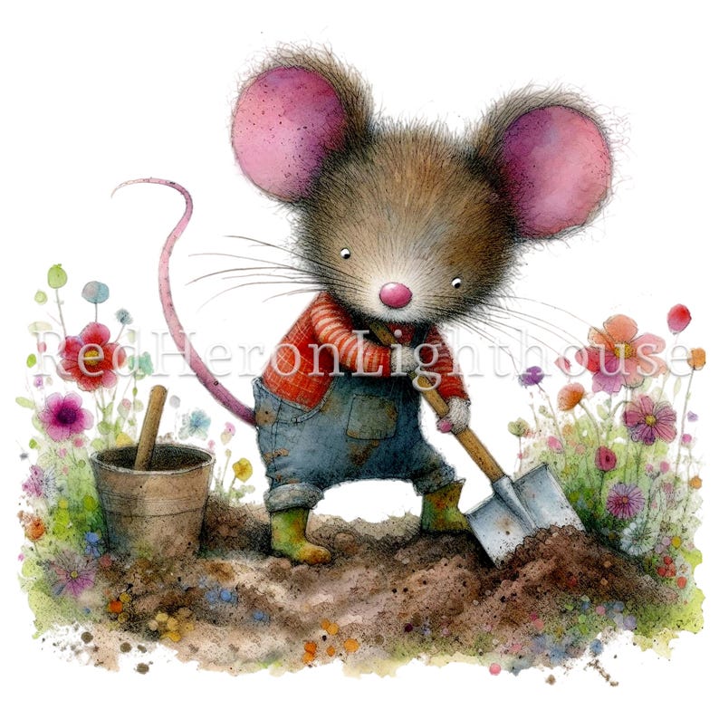May include: A brown mouse with pink ears wearing a red and white striped shirt and blue overalls is digging in the dirt with a small shovel. The mouse is surrounded by colorful flowers.