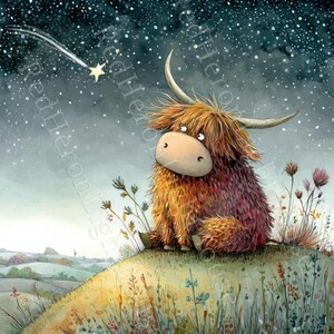 May include: A whimsical watercolor painting of a Highland cow gazing at a shooting star in a starry night sky. The cow has long, shaggy brown and reddish fur, large horns, and a light brown snout. It sits on a grassy hill with wildflowers.