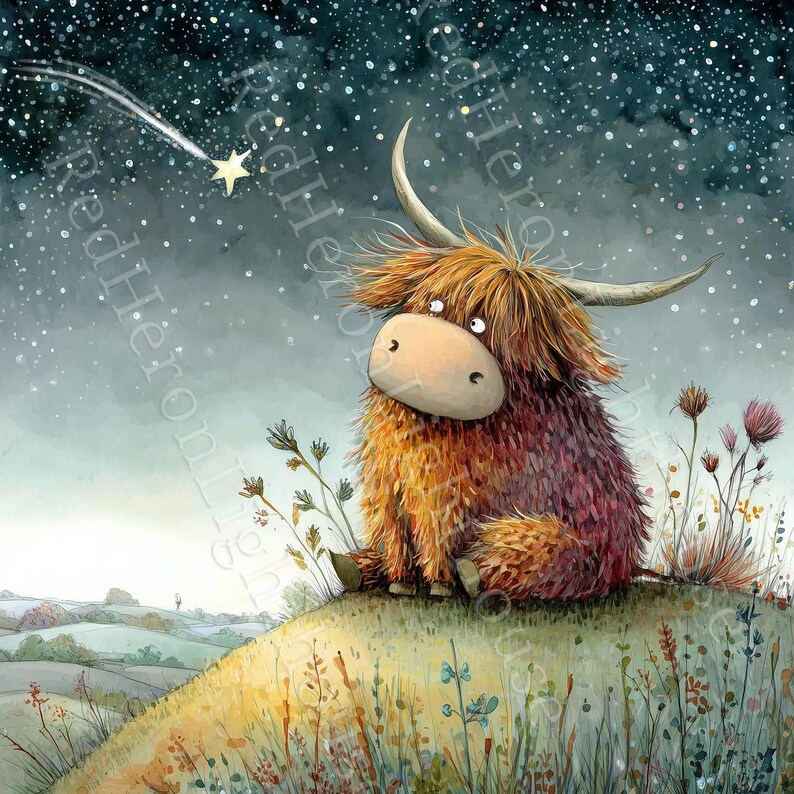 May include: A whimsical watercolor painting of a Highland cow gazing at a shooting star in a starry night sky. The cow has long, shaggy brown and reddish fur, large horns, and a light brown snout. It sits on a grassy hill with wildflowers.