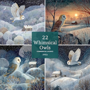 Puede incluir: Cuatro ilustraciones de búhos en un paisaje invernal. Las imágenes muestran búhos en vuelo y posados, con colinas nevadas, árboles y casas. El texto dice "22 Whimsical Owls, Commercial Licence, JPEGs."