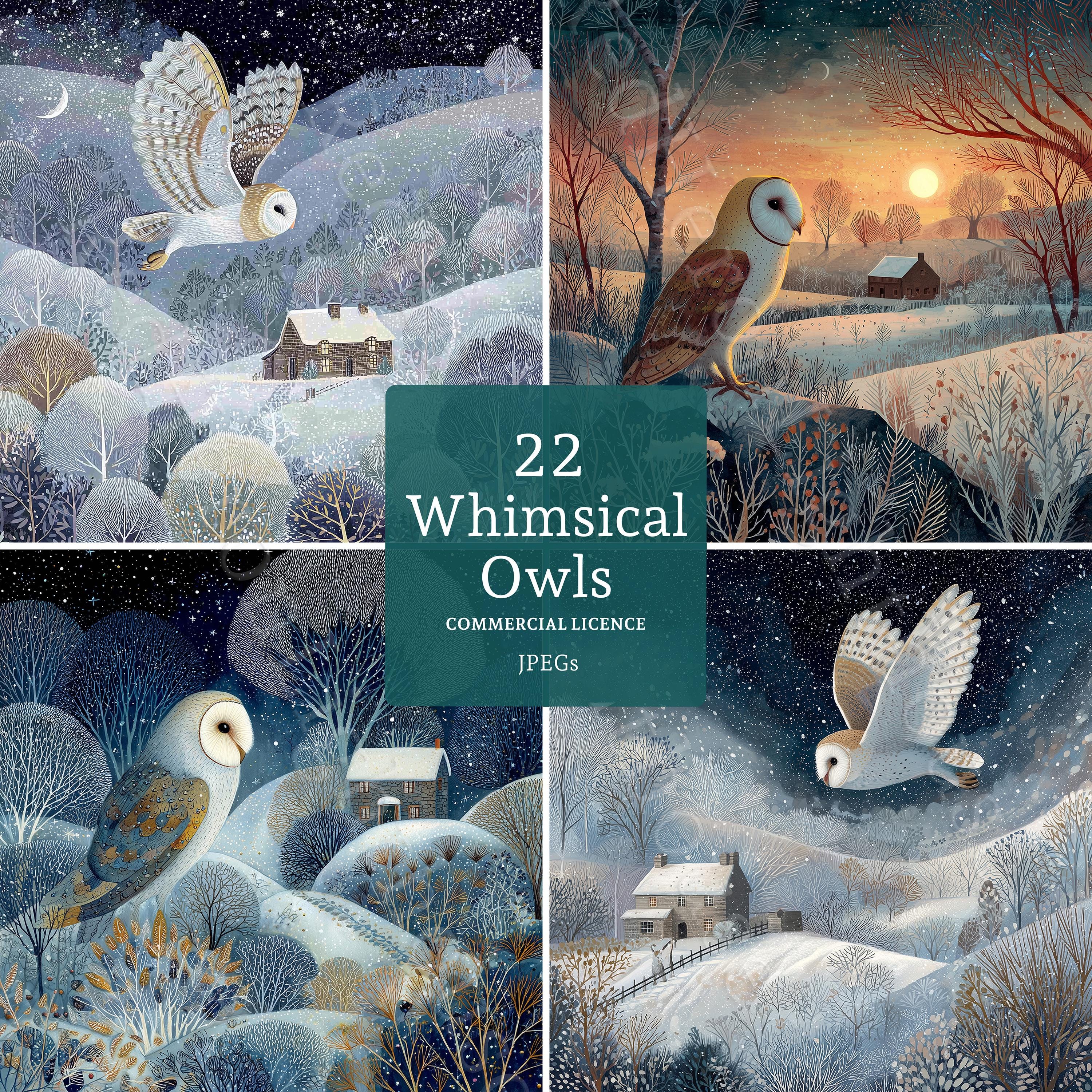 Barn Owl Clip Art: Watercolour Bird At Night Ephemera (22 JPGs, Digital Download, Commercial Use) Ca