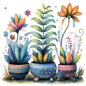 May include: Three colorful potted plants with whimsical, stylized leaves and flowers. The pots are decorated with geometric patterns in shades of blue, pink, and brown.