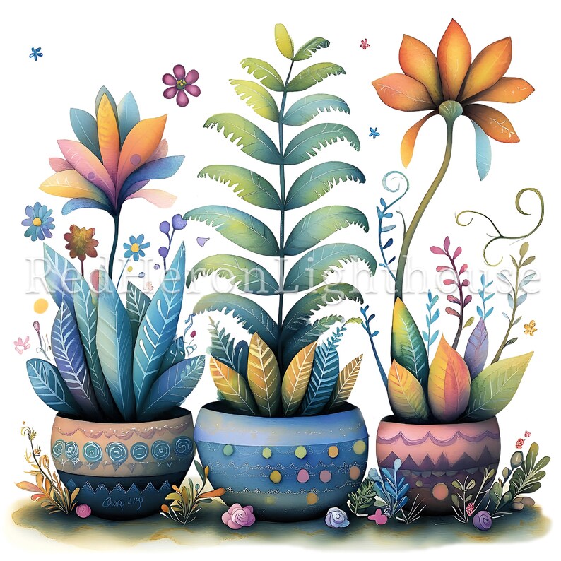 May include: Three colorful potted plants with whimsical, stylized leaves and flowers. The pots are decorated with geometric patterns in shades of blue, pink, and brown.
