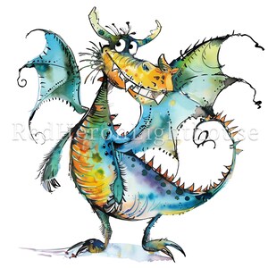 May include: A whimsical watercolor illustration of a blue, green, and yellow dragon with a big smile and large eyes. The dragon is standing on two legs and has its wings spread out.