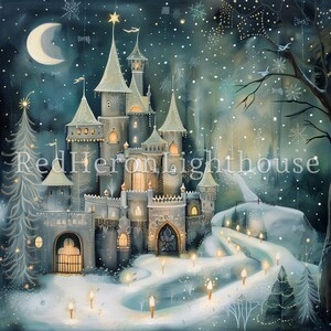 May include: A whimsical illustration of a snow-covered castle with a crescent moon in the night sky. The castle is lit up with warm, glowing lights and surrounded by a winding path lined with lanterns. The scene is painted in shades of blue, white, and gold.
