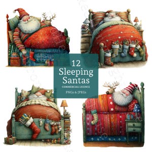 May include: A digital illustration showing four images of Santa Claus asleep in bed. Each Santa is in a different bed with colourful bedding and Christmas stockings. The text "12 Sleeping Santas" is displayed in the centre.