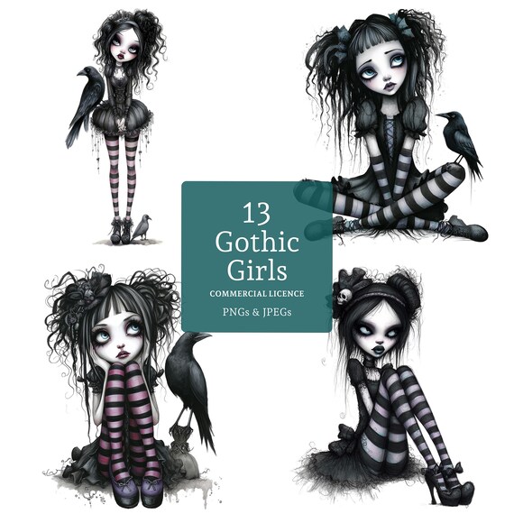 Creepy Goth Girl Clipart, 13 High Quality Watercolour Quirky Halloween PNGs/JPGs Card Making Paper Craft Journal Digital Download | BR0717-1