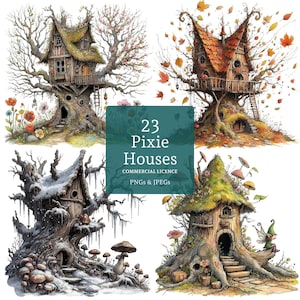 Puede incluir: Una imagen de arte digital con cuatro casas de duendes caprichosas ubicadas en árboles. Cada casa tiene detalles arquitectónicos únicos, con tejados de paja, estructuras de madera y elementos naturales. La imagen incluye el texto "23 Pixie Houses" y "Commercial Licence PNGs & JPEGs".