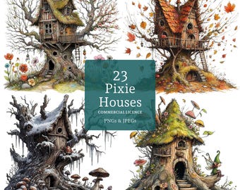 Pixie Tree House Clipart, 23 High Quality JPGs/PNGs, Seasonal Tree Houses, Forest Fairy Clipart, Commercial Use, Digital Download | AR0920-1