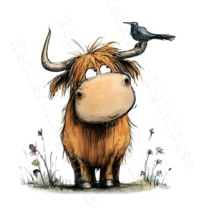 May include: A whimsical illustration of a Highland cow with a surprised expression, featuring a small blue bird perched on its horn. The cow has shaggy, reddish-brown fur and large, expressive eyes. Delicate wildflowers dot the ground.