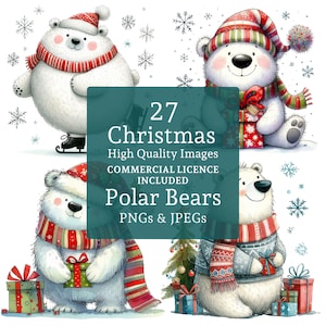 Clipart Noël ours polaire, 27 fichiers PNG/JPG, images fantaisistes d'ours, animal arctique festif, clipart hiver drôle, UTILISATION COMMERCIALE | AR0812
