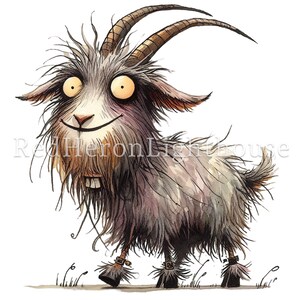 May include: A cartoon illustration of a gray goat with a big smile, wearing boots and walking on a grassy surface. The goat has a long, brown beard and a pair of horns.