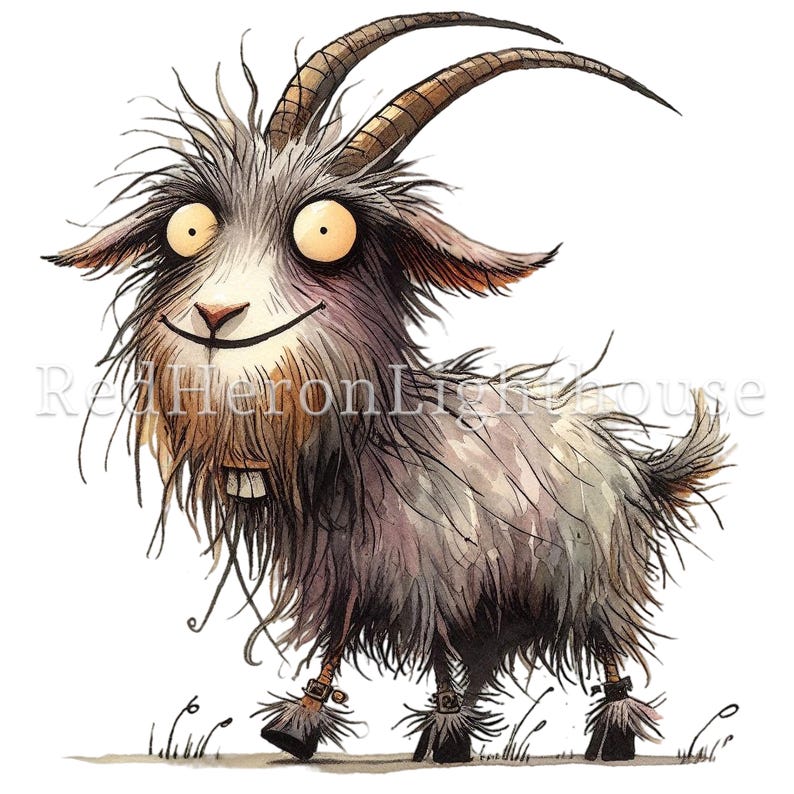 May include: A cartoon illustration of a gray goat with a big smile, wearing boots and walking on a grassy surface. The goat has a long, brown beard and a pair of horns.