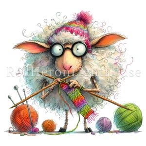 May include: A white sheep wearing a pink and white knitted hat and glasses is knitting a colourful scarf with wooden knitting needles. There are balls of yarn in orange, green, and purple.