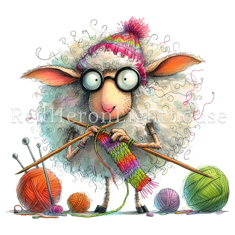 May include: A white sheep wearing a pink and white knitted hat and glasses is knitting a colourful scarf with wooden knitting needles. There are balls of yarn in orange, green, and purple.