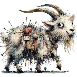 May include: A white goat with a long, shaggy beard is carrying a large, colorful pack on its back. The pack is filled with various items, including a red and white checkered cloth, leather straps, and metal objects. The goat is walking on a white background.
