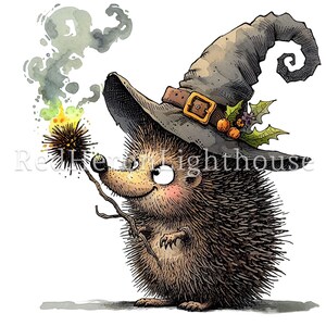 May include: A cartoon illustration of a hedgehog wearing a witch's hat with a pointed brim and a curled up top. The hedgehog is holding a stick with a spark at the end. The background is a watercolor wash of gray and green.