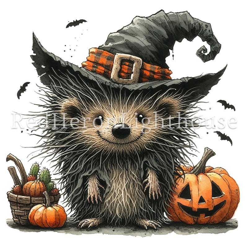 May include: A black and brown hedgehog wearing a witch's hat with a plaid band and a buckle. The hedgehog is smiling and has a jack-o'-lantern pumpkin next to it.