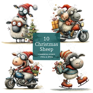 May include: A digital illustration featuring ten Christmas sheep in various festive scenes. Some sheep are riding motorcycles, others are carrying gifts, and one is wearing ice skates. The image includes the text "10 Christmas Sheep".