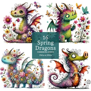 Op de afbeelding: Een set van 16 digitale illustraties van lente-draken. De draken zijn kleurrijk en fantasierijk, met bloemen en bladeren die op hun lichaam groeien. De tekst "16 Spring Dragons Commercial Licence PNGs & JPEGs" wordt in het midden van de afbeelding weergegeven.