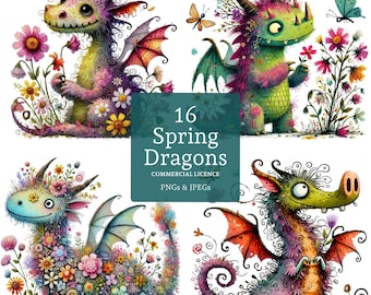 May include: A set of 16 digital illustrations of spring dragons. The dragons are colourful and whimsical, with flowers and leaves growing on their bodies. The text "16 Spring Dragons Commercial Licence PNGs & JPEGs" is displayed in the centre of the image.