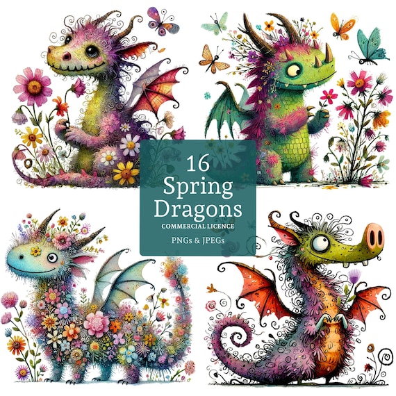Adorable Dragon Clipart, 16 High Quality PNGs/JPGs, Quirky Mythical Animal Images, Fantasy Journaling & Crafts, COMMERCIAL USE | AR1219-2