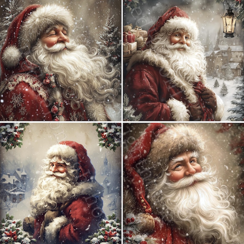 May include: Four digital art images of Father Christmas in a snowy winter scene. He wears a red coat with white fur trim and a matching hat. He has a long white beard and is smiling. The background includes snow-covered trees and a village.