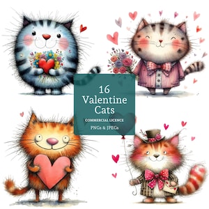 Clipart chat coeur d'amour, 16 fichiers PNG/JPG haute qualité, chats de la Saint-Valentin, art original pour animaux de compagnie, fabrication de cartes, créations papier/numérique, usage commercial | AR1212