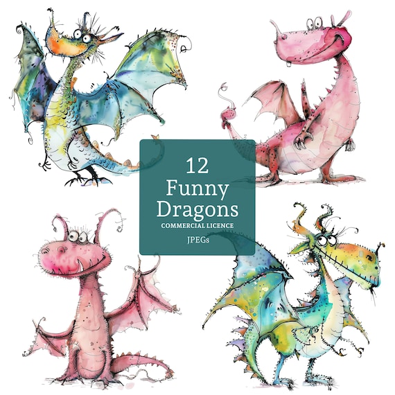 Funny Dragon Clipart, 12 High Quality PNGs/JPGs, Watercolour Whimsical Dragon Images, Paper & Digital Craft, Fantasy COMMERCIAL USE | BR0404
