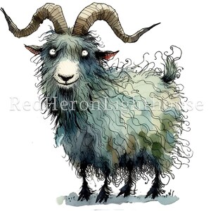 May include: A watercolor illustration of a blue and green goat with long, curly horns. The goat has a white face and a mischievous expression.